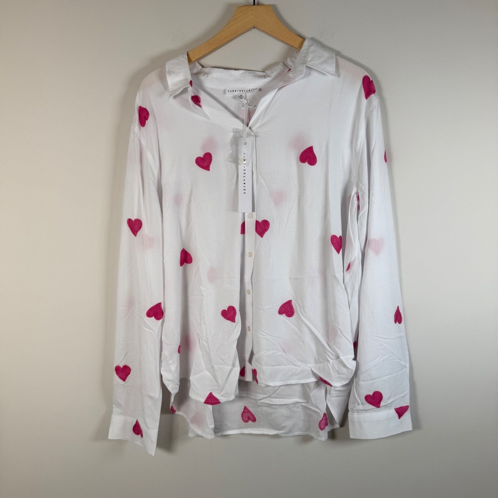 NEW Jane + Delancey Pink Heart Embroidered Button Up Shirt Top Blouse XL NWT
